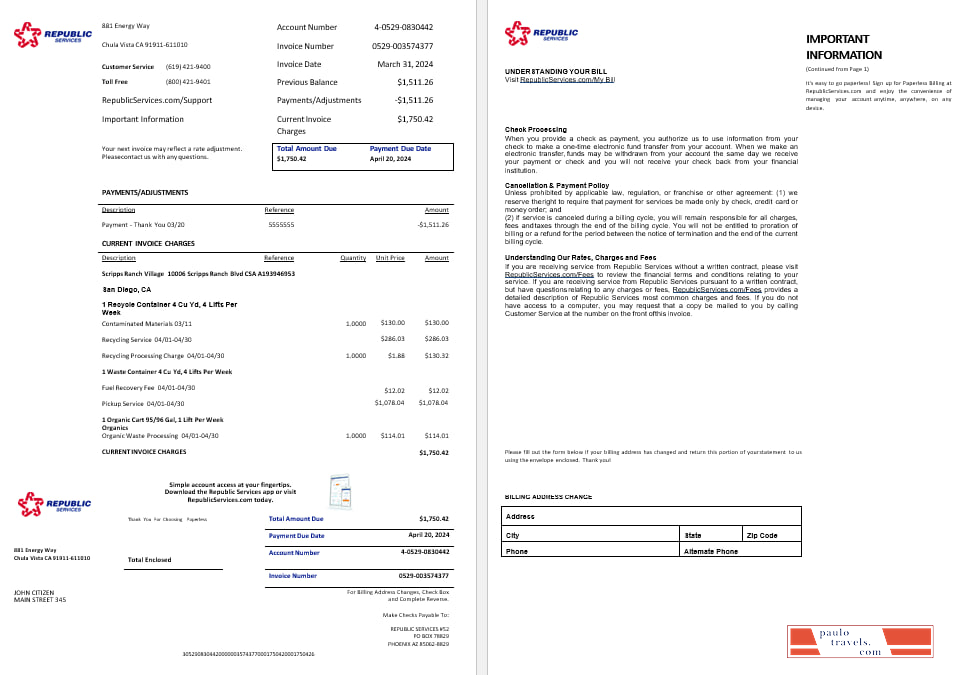 USA Rpublic Services energy utility bil Word and PDF formats, 2 pages